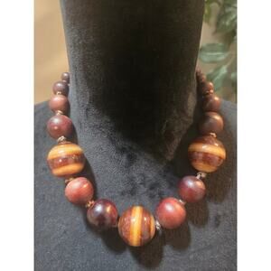 Women's Handcrafted Wooden Bead Necklace With Floral Button Loop Lock
